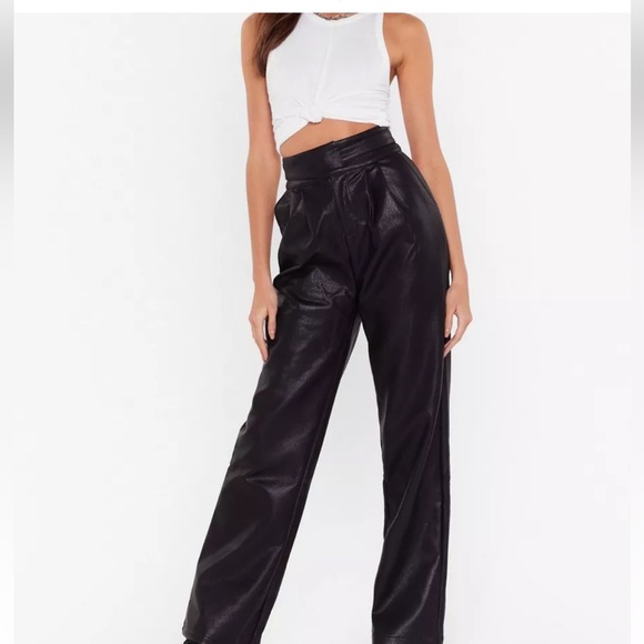 NASTY GAL NWT Black Faux Leather High Waisted Pants with Unique Belt Detail - Picture 3 of 7